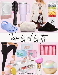 a collage of various items that include shoes, hairdryer, and cosmetics