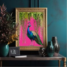 a peacock is standing in front of some vases and a painting on the wall