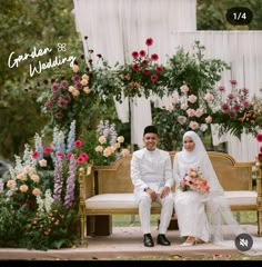 two people sitting on a bench in front of flowers and greenery with the caption garden & wedding