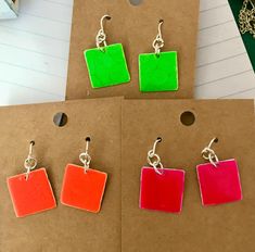 Hand made from waste aluminium that is super light weight . Solid silver hooks. Arrives gift wrapped. Multicolor Rectangular Earrings For Gifts, Square Metal Earrings For Gifts, Geometric Multicolor Earrings For Gift, Handmade Multicolor Square Earrings, Eco-friendly Multicolor Square Bag, Square Earrings, Bright Colors, Jewelry Earrings Dangle, Dangle Drop Earrings