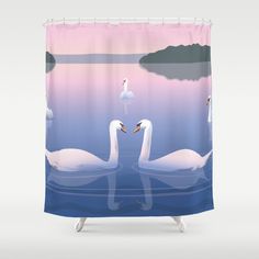 two swans are swimming in the water at sunset shower curtain by duckybitts