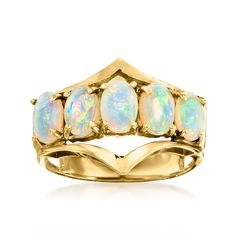 Ross-Simons - C. 1980 Vintage Opal Ring in 14kt Yellow Gold. Size 6.5. C. 1980. A crowning moment for your jewelry box, this unique Estate collection ring takes on a regal aesthetic as 5.75x4.5-6x4mm oval opal cabochons shimmer at the center of a tiara-inspired setting of polished 14kt yellow gold. 1/2" wide. Opal ring. Exclusive, one-of-a-kind Estate Jewelry. Opal birthstones are the perfect gift for October birthdays. Regal Aesthetic, Vintage Opal Ring, Jewelry Presentation, Opal Ring Vintage, Antique Jewelry Rings, Opal Birthstone, Gold C, Jewelry Accessories Ideas, Opal Color