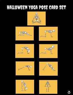 the halloween yoga pose card set is shown in black and yellow with four different poses