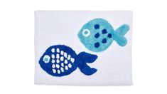 a blue and white towel with two fish on the front, one in the middle