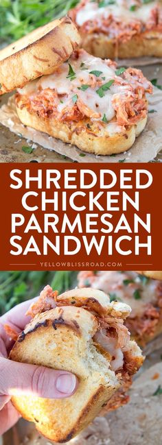 shredded chicken parmesan sandwich is being held up