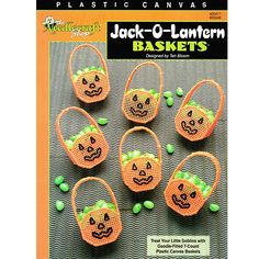 plastic canvas halloween baskets with jack - o - lantern faces