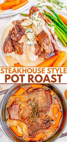 steak house style pot roast with carrots and asparagus