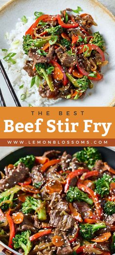 beef stir fry with broccoli and peppers in a skillet