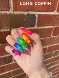 This set is Magpie's signature design! These are perfect neon nails for anytime you need a little color in your life! Each nail is one of a kind and hand-painted in a vivid, rainbow effect texture! Beautiful deep purple and blue, teal, neon yellow and orange with a bright pink make these a beautiful rainbow at your fingertips. Literally! Includes everything you need for application; glue, file, and orange wood stick, application tips and a treat! Nails Ballerina, Rainbow Nails Design, Neon Acrylic Nails, Multicolored Nails, Tie Dye Nails, Colorful Nails, Acrylic Press On Nails