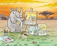 a rhino painting on an easel in the middle of a field with other art supplies