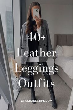 What To Wear With Leather Leggings Black, Leather Legging Boots, Styling Vegan Leather Leggings, Brown Leather Jegging Outfit, Outfits Black Leather Leggings, Party Leggings Outfit, Leather Leggings And Loafers, Legging And Loafer Outfit, Leather Pants And Air Force 1 Outfit