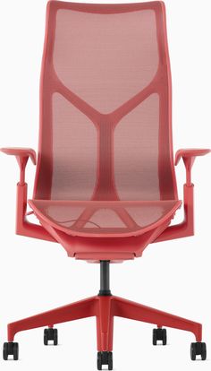 an office chair with red mesh back and seat, viewed from the front angle on a white background