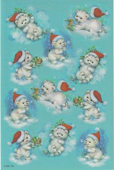 polar bears with santa hats and snow flakes on a blue background, all in the same pattern