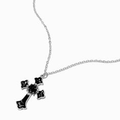 Embellished with black enamel rose designs, this cross pendant is a whole vibe. It's on a silver-tone chain.Finish: Silver-toneLength: 16 + 3 in. extender / 40.64 + 7.62 cm. extenderClosure: Lobster claspMaterial: Metal - Claire's Black Rose Cross Silver-tone Pendant Necklace Emo Necklace, Black Cross Necklace, Cross Necklaces, Gothic Clothes, Fashionable Jewelry, Black Cross, Metal Style, Pretty Jewellery, Black Enamel