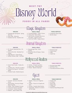 the disney world menu is shown in purple