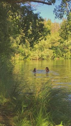 two people swimming in a lake surrounded by trees and grass, with one person floating in the water