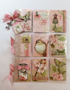 a bunch of cards with flowers and birds on them are arranged in a square pattern