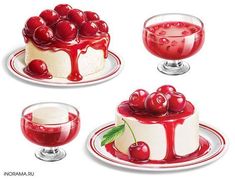 three cakes with cherries on them and a glass of liquid next to one cake