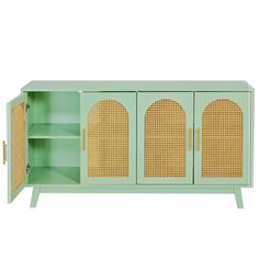 a green cabinet with wicker doors and shelves