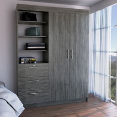 a bedroom with a large closet next to a window