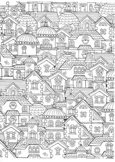 a coloring page with houses and umbrellas