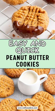 peanut butter cookies with chocolate drizzled on top and the words easy and quick