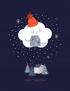 a christmas card with a cloud holding a camera