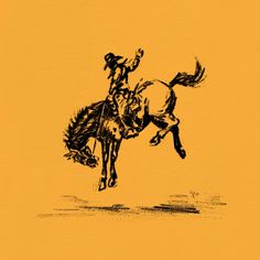 an ink drawing of a cowboy riding a bucking bronco on a yellow background