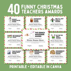 the 40 funny christmas teacher's awards are available for printable and edible in canva