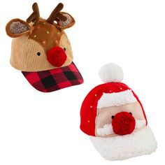 two knitted hats with reindeer heads on them, one is red and the other is white