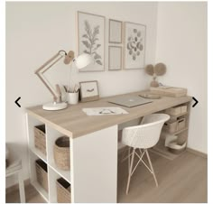 a desk with two chairs and pictures on the wall above it, next to a white chair