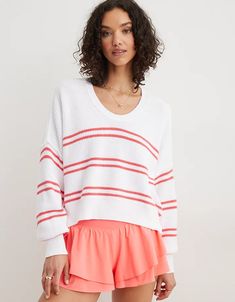 Aerie Beyond Cropped Sweater Cute Aerie Clothes, Arie Sweaters, Arie Sweater, Spring Relaxed Fit Knit Cropped Sweater, Casual White Cropped Sweater With Ribbed Cuffs, Relaxed Fit Knit Cropped Sweater For Spring, Casual Spring Cropped Sweater, Sporty Spring Knit Sweater, Sporty Knit Sweater For Spring