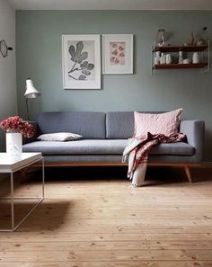 a living room with a gray couch and two pictures on the wall above it that have pink flowers in vases