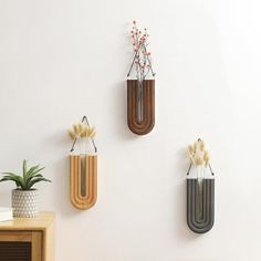 three wall mounted vases with flowers in them on a white wall next to a wooden cabinet