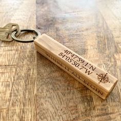 a wooden keychain sitting on top of a table