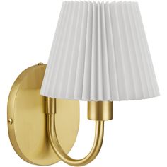 a gold wall light with a white shade on the top and bottom part of it