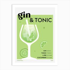 a poster advertising gin and tonic on the side of a white framed wall with lime slices