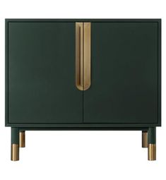 a green cabinet with gold handles on the front and bottom, against a white background