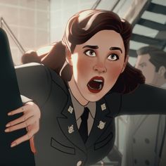 an animated image of a woman in uniform with her hands on the back of her head