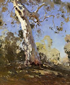 an oil painting of a tree in the woods