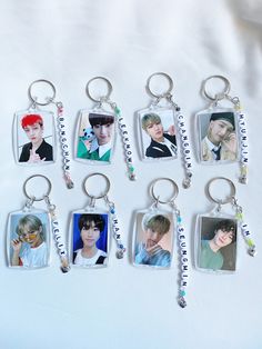 Hey STAY! Handmade beaded keychains with photos for STRAY KIDS. Each beaded keychain was made with colors to match the photo! ☺️ Please let me know if you'd like other colors for the beads or something else custom and I will do my best to work with you! These are all handmade so there could be imperfections but I will try my best to make the best of quality for you! (*I didn't notice the scratch on Seungmin's frame, I promise there will be no scratches like that on yours!) *Shipping: Please keep Stray Kids Gift Ideas, Stray Kids Keychain, Kids Keychains, Keychain With Photo, Keychains Diy, Amigurumi Keychain, Pop Jewelry, Kpop Diy, Beaded Keychain