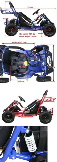 three different views of an off - road vehicle with parts labeled in red and blue