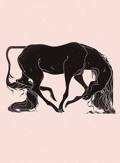 a black and white drawing of a horse with long hair on it's back