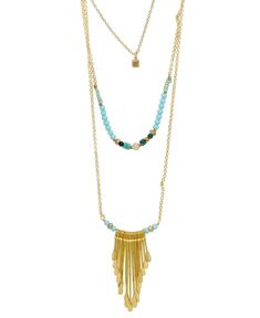 This unique stacked necklace of gold-plated brass brings to mind a sunny day with clear blue skies. Made of three separate chains beaded chains and featuring a fringed pendant that looks just like the sun's rays. Pendant is 2 inches long and about 1.25 inches wide. Longest chain is about 28 inches long, middle chain is about 24 inches long, shortest chain is 19 inches long. Shortest chain is topped with a little geometric cube pendant. Necklace has a 2 inches extender for an adjustable length. H Cube Pendant, Clear Blue Sky, Blue Skies, Gemstone Bracelets, Long Chain, Blue Beads, Linen Clothes, Sunny Day, Beaded Chain