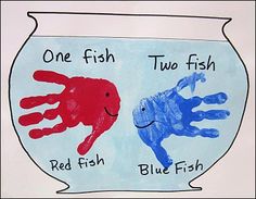 one fish, two fish and red fish in a bowl with blue handprints