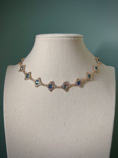 Mixed Blue Green Diamond Choker Necklace, Elegant Regency Gold Historical Tudor Necklace, Medieval Dainty Ethereal Jewelry - Etsy Yule Ball Jewelry, Regency Jewelry Necklaces, Bridgeton Accessories, Medieval Jewelry Necklaces, Blue Emerald Necklace As Elegant Gift, Elegant Blue Emerald Necklace Gift, Blue Jeweled Necklace For Gift, Crystal Jeweled Choker Necklace As Gift, Crystal Jewel Choker Necklace As Gift