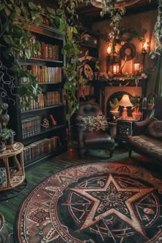 a living room filled with lots of furniture and bookshelves next to a fire place