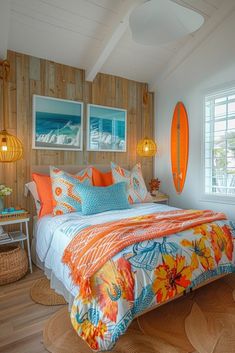 a bedroom with wood paneling and surfboards on the wall