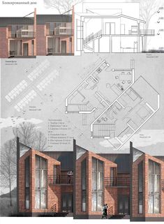 three different views of the same building, each with its own floor plan and elevation details