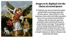 an angel with two children in front of it and the words prayer to st raphael for the choice of good sponse